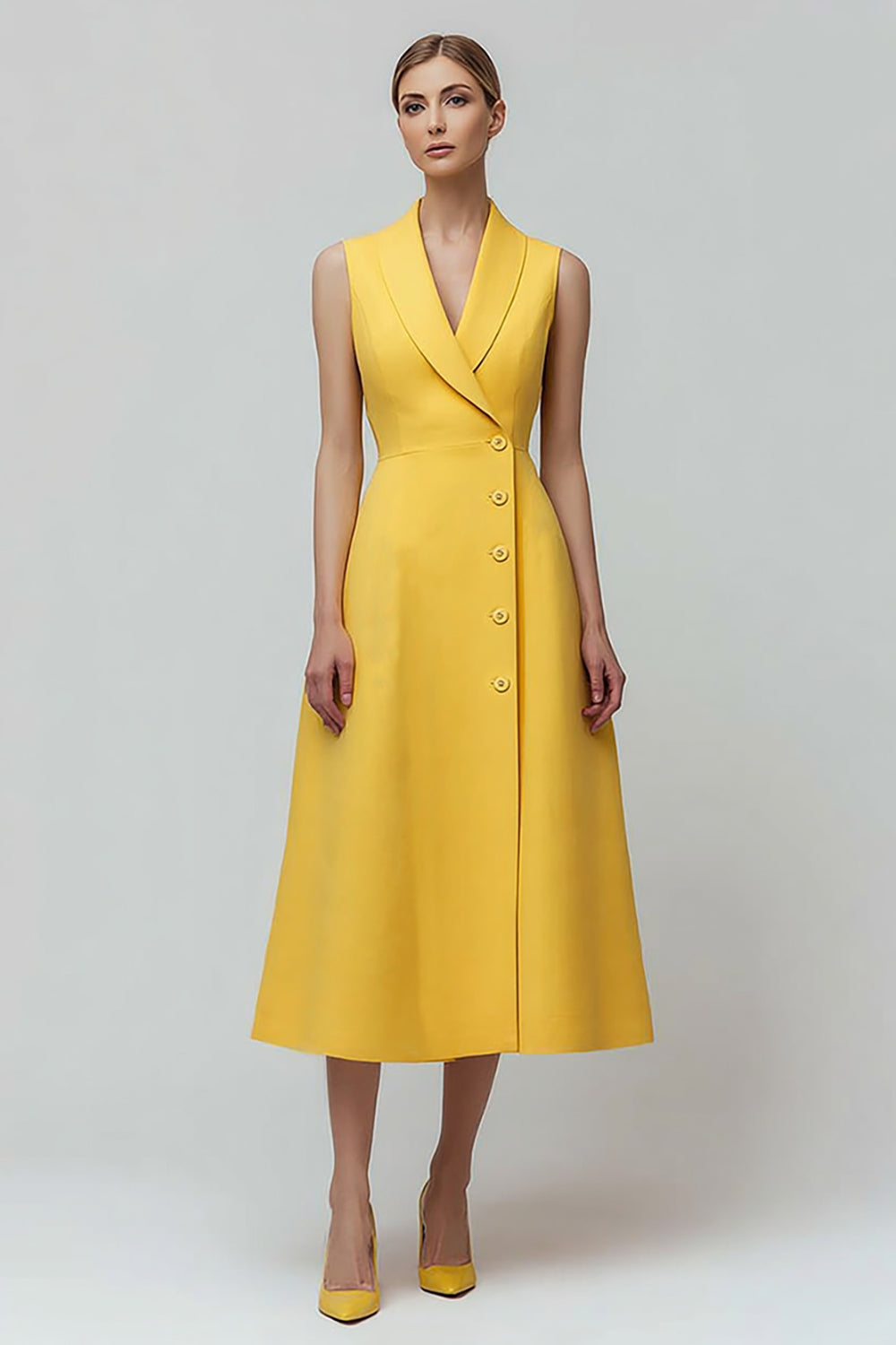 Robe Blazer Midi Jaune à Simple Boutonnage et Col Châle