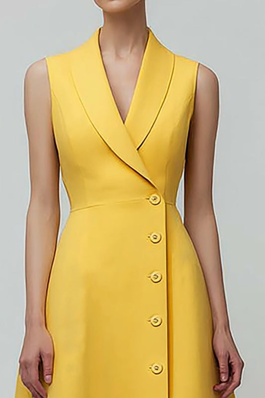 Robe Blazer Midi Jaune à Simple Boutonnage et Col Châle