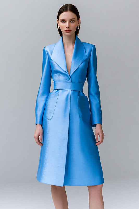 Robe Blazer Longue Bleue à Manches Longues et Col Châle