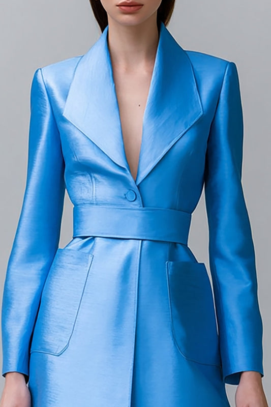 Robe Blazer Longue Bleue à Manches Longues et Col Châle