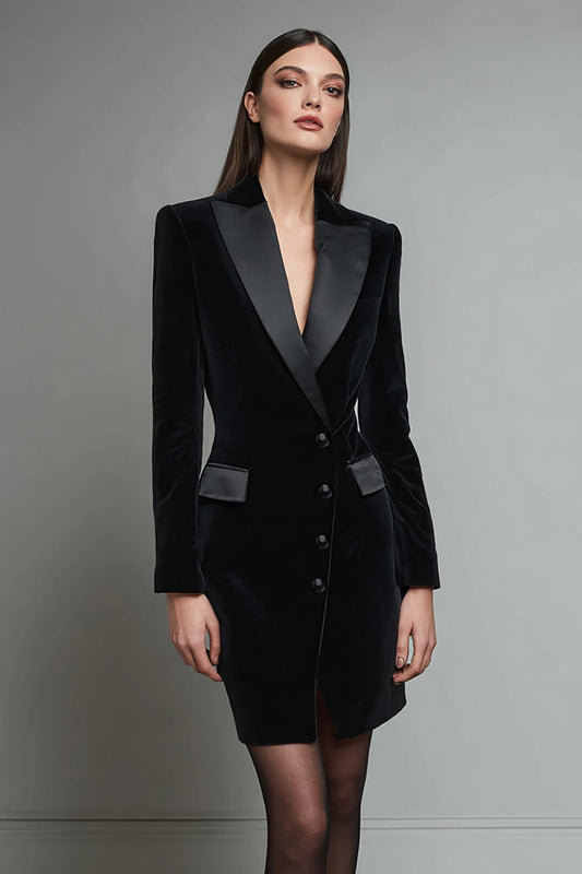 Robe blazer courte à revers en pointe en velours noir