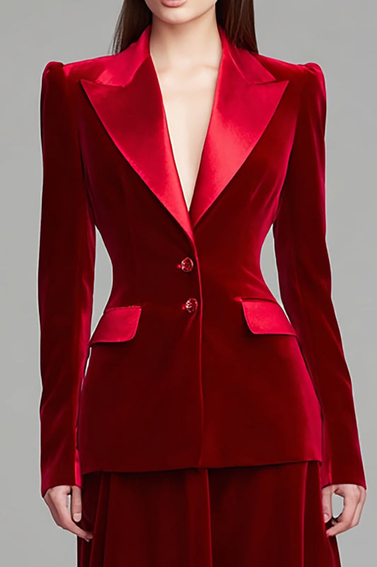 Trajes de negocios de 2 piezas de terciopelo burdeos con solapa de pico