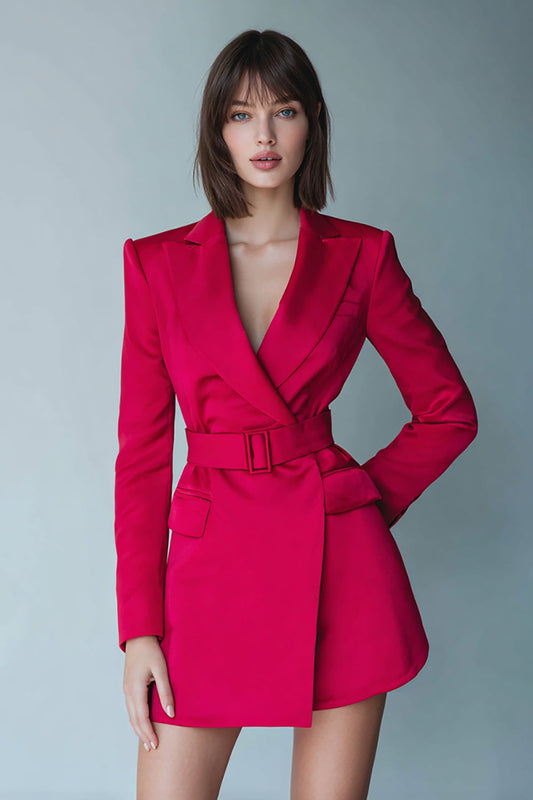 Robe de travail courte en satin ligne A fuchsia à revers pointus