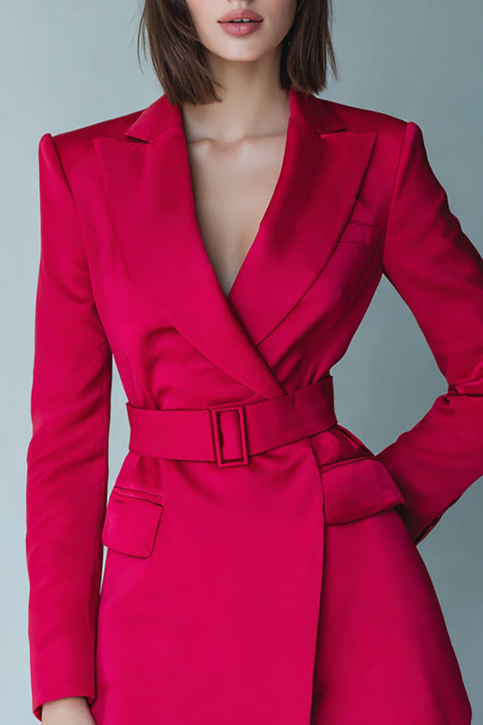 Robe de travail courte en satin ligne A fuchsia à revers pointus