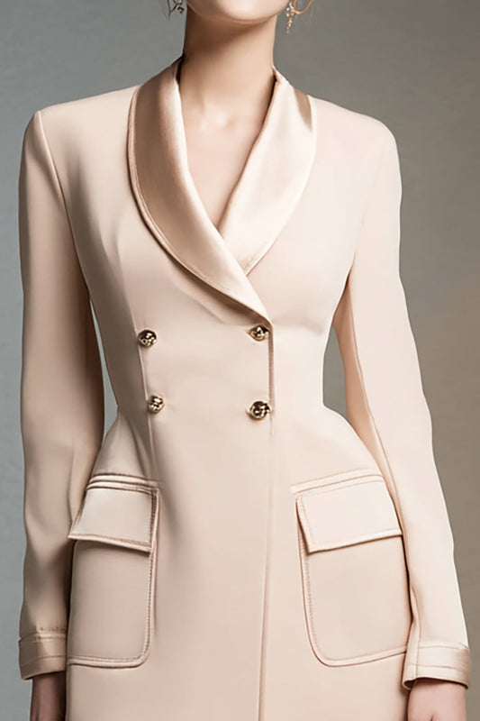 Robe de travail courte en satin moulante à revers châle couleur champagne