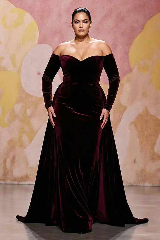 Dark Red A Line Velvet Off The Shoulder Plus Size Maxi Dress with Long Sleeves