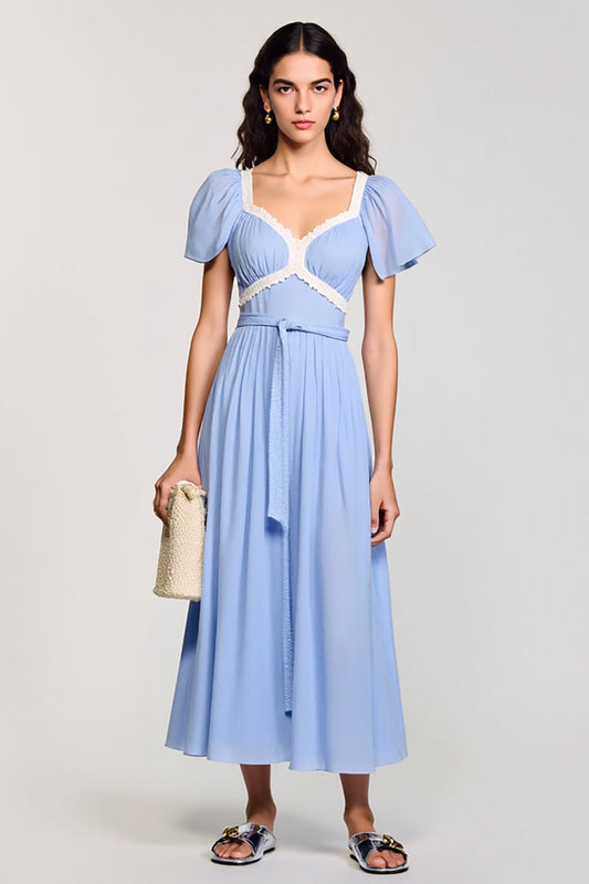 Robe longue de cérémonie bleu clair avec ceinture