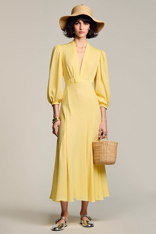 Robe longue de soirée jaune à col en V