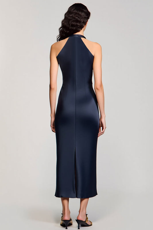 Robe fourreau midi bleu marine avec col américain pour invitée de mariage