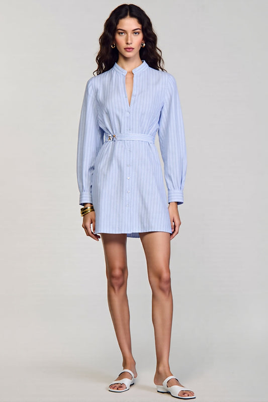 Robe de travail fourreau à rayures bleues à manches longues avec ceinture
