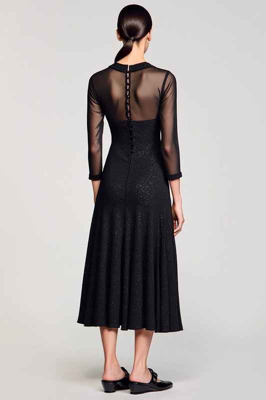 Robe mi-longue évasée noire à revers pour invitée de mariage