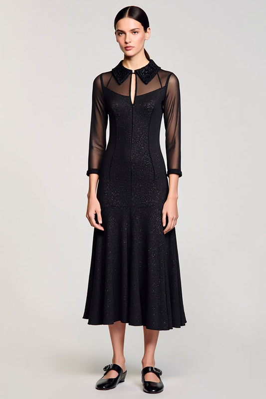 Robe mi-longue évasée noire à revers pour invitée de mariage