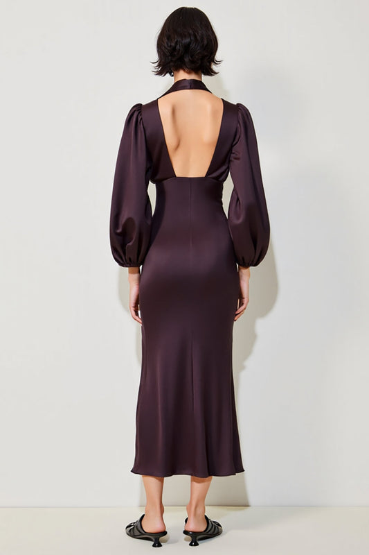 Robe midi fourreau rouge foncé à manches longues pour invitée de mariage