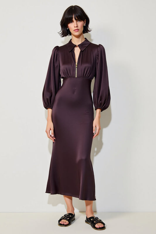 Robe midi fourreau rouge foncé à manches longues pour invitée de mariage