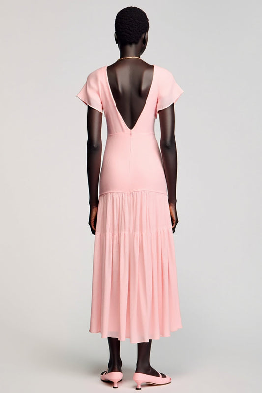 Robe de cocktail rose pâle midi avec nœud