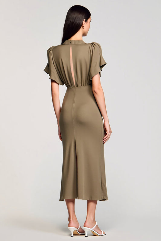 Robe Midi Femme Invitée de Mariage à Paillettes Col V Fourreau Olive
