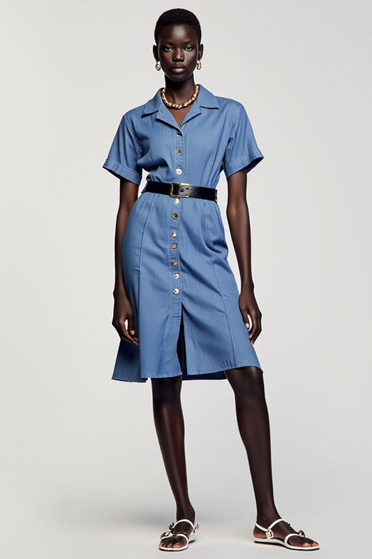 Robe de travail mini fourreau bleue à revers crantés avec ceinture