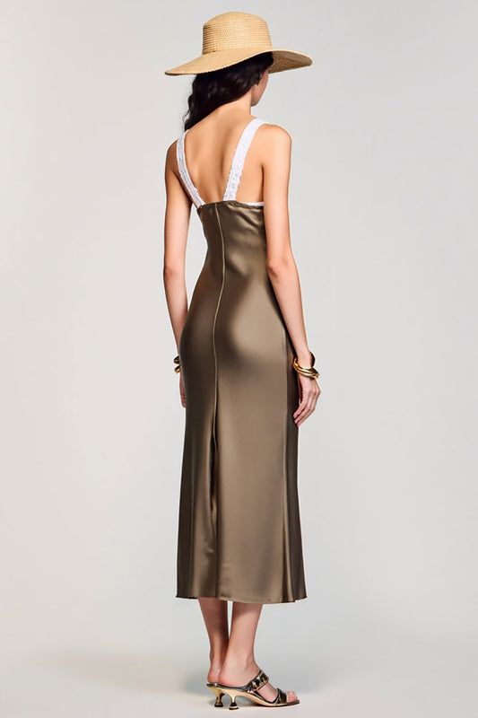 Robe fourreau midi col rond olive pour invitée de mariage