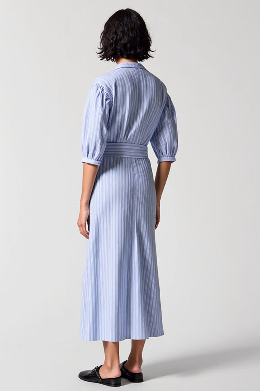 Robe de travail longue bleu à rayures col en V