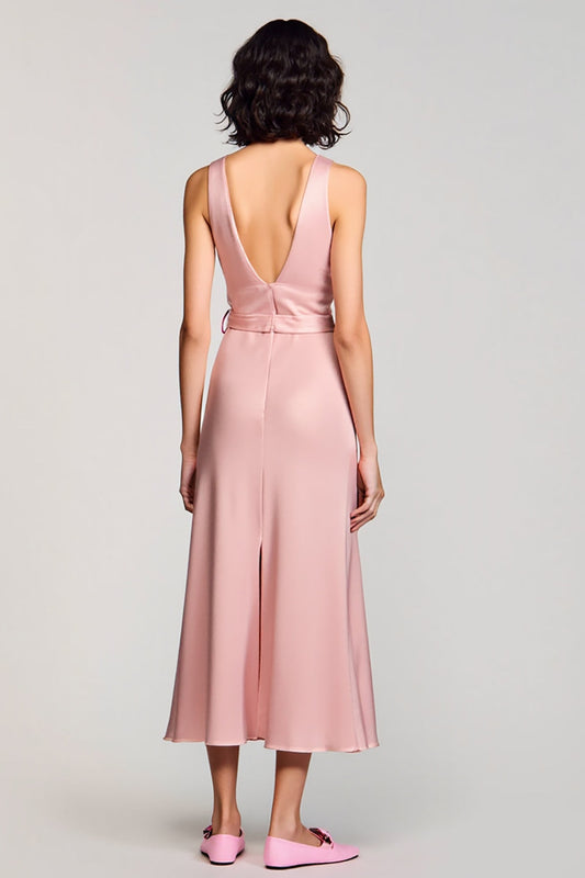 Robe longue de cérémonie rose col rond avec ceinture