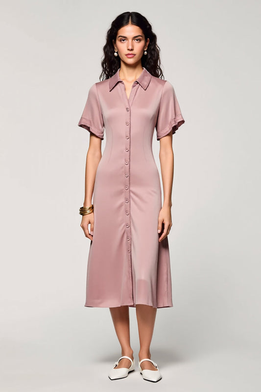 Robe de travail midi rose à revers et coupe trapèze