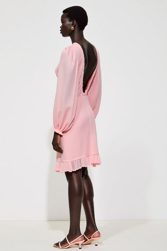 Robe de soirée rose plissée à col en V et manches longues