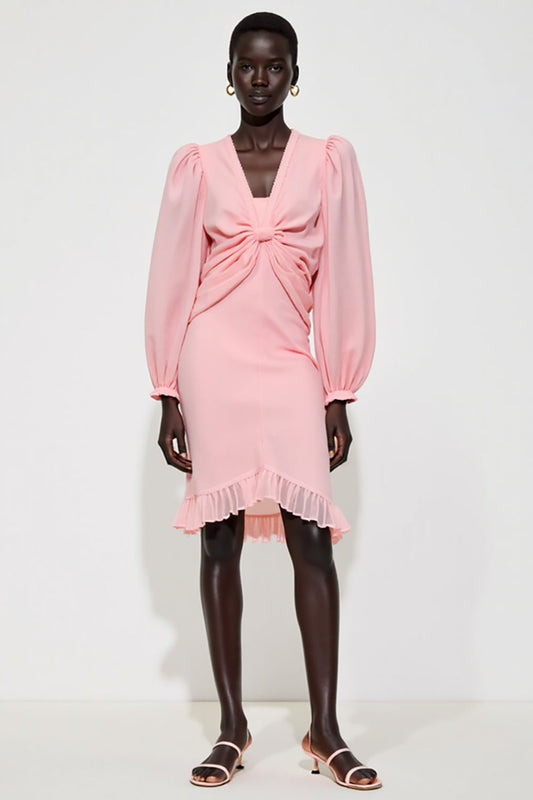 Robe de soirée rose plissée à col en V et manches longues