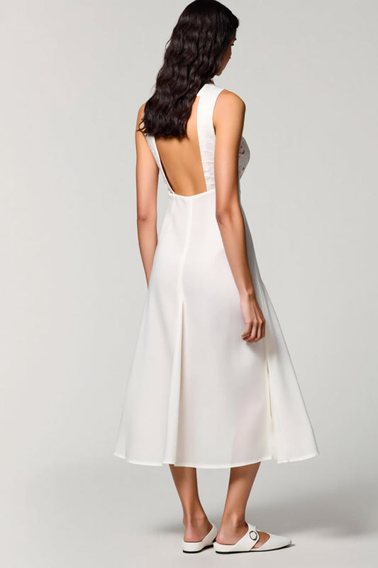 Robe de cocktail mi-longue évasée à col polo en dentelle blanche