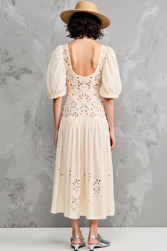 Robe Midi Évasée Invité de Mariage en Dentelle Abricot