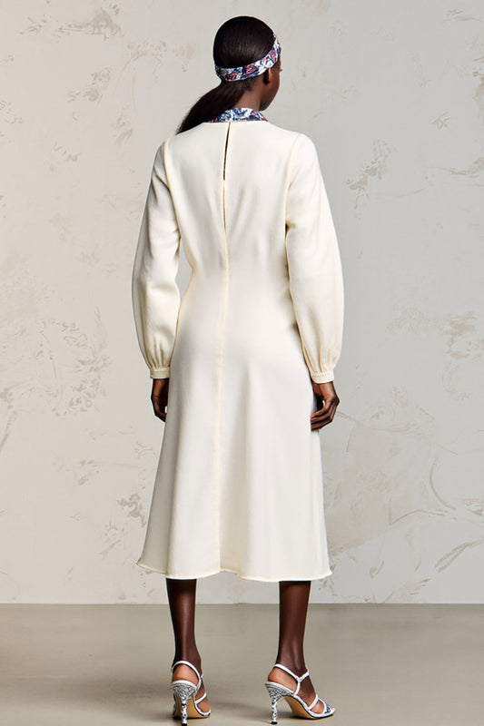 Robe de soirée midi ligne A ivoire à manches longues