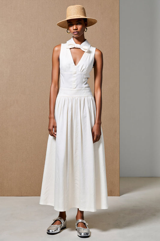 Robe invitée de mariage blanche à col en V, découpe et nœud, coupe évasée