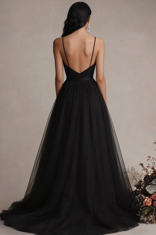 Black A Line Tulle Spaghetti Straps Long Evening Dress with Slit