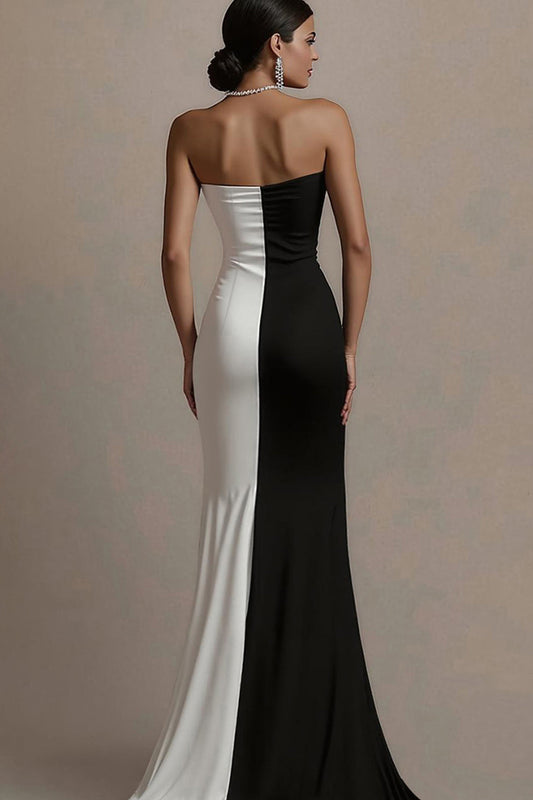 Robe de soirée longue fourreau bustier satinée noire et blanche avec fente