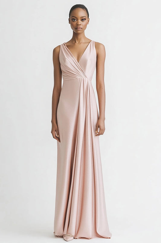 Robe de soirée longue fourreau en satin rose à col en V