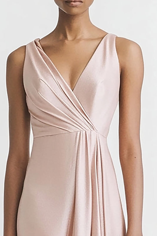 Robe de soirée longue fourreau en satin rose à col en V