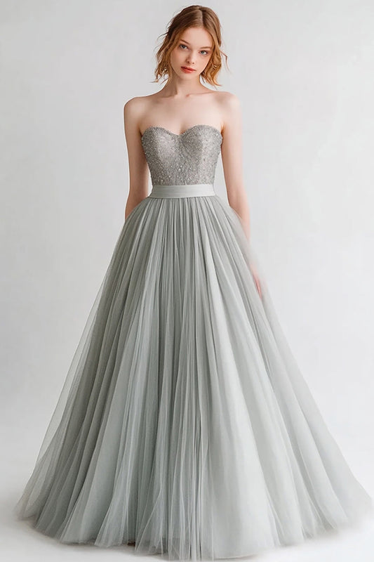 Grey Strapless A Line Tulle Evening Dress