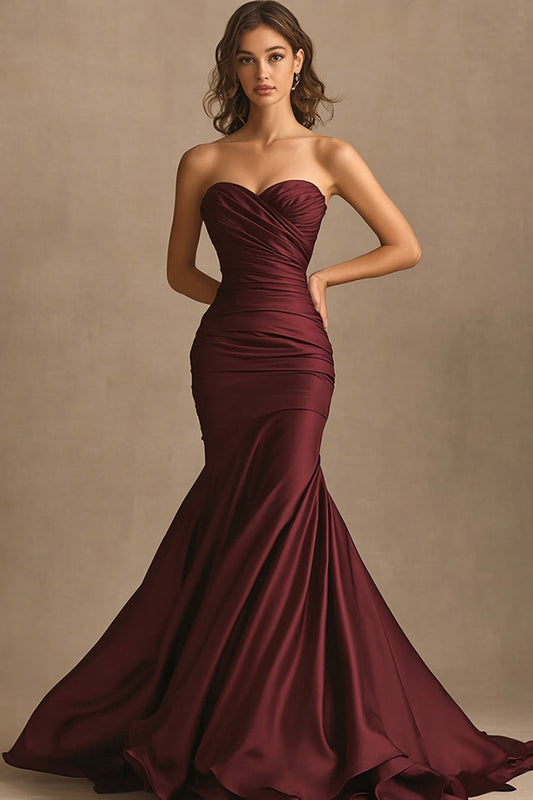 Robe de soirée longue drapée bustier bordeaux
