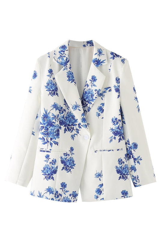 Blazer Femme à Fleur Bleue à Revers Cranté et un Bouton