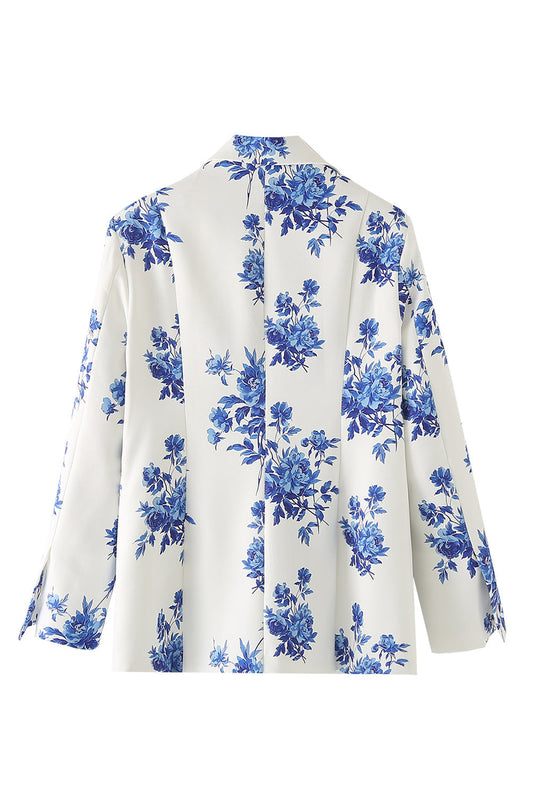 Blazer Femme à Fleur Bleue à Revers Cranté et un Bouton