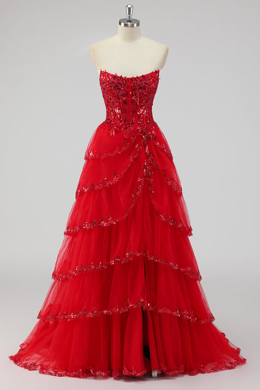 Robe de bal bustier trapèze rouge foncé pailletée avec sequins, volants et fente