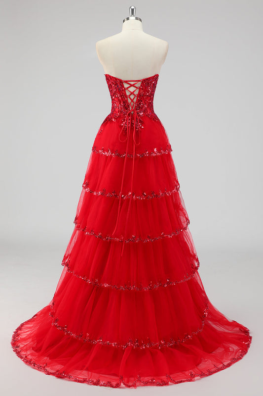 Robe de bal bustier trapèze rouge foncé pailletée avec sequins, volants et fente