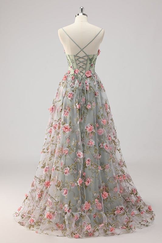 A Line Grey Green Beaded Corset Long Prom Dress with 3D Flowers