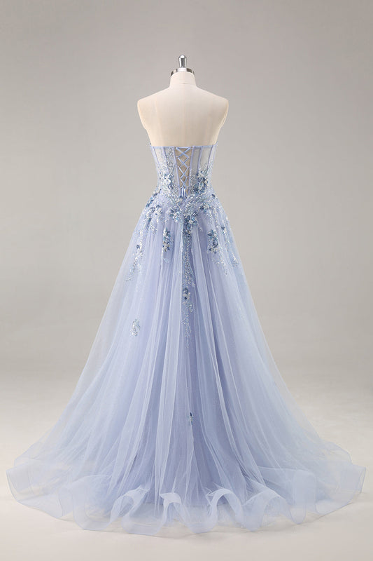 Robe de bal longue bustier bleue ligne A en tulle à sequins avec corset et fente