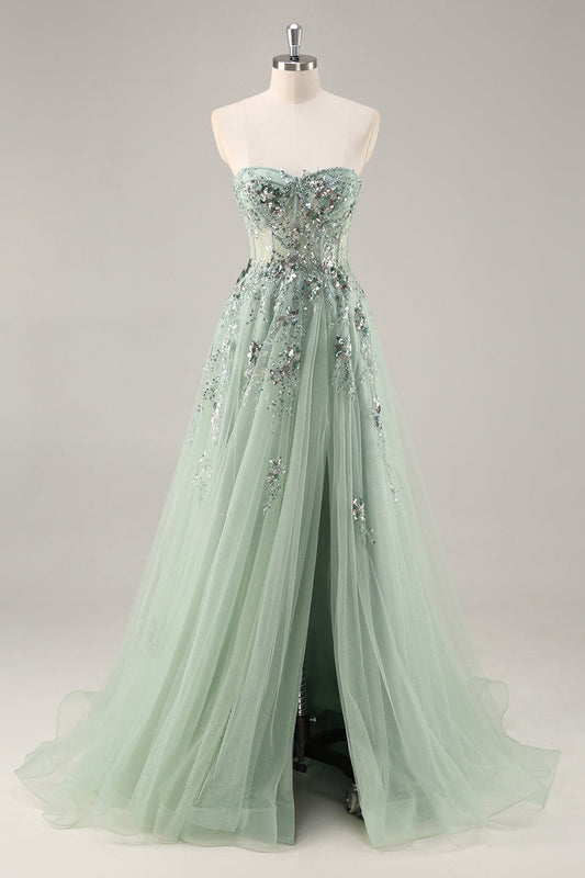 Robe longue de bal bustier en tulle vert étincelant avec corset et sequins, coupe trapèze et fente