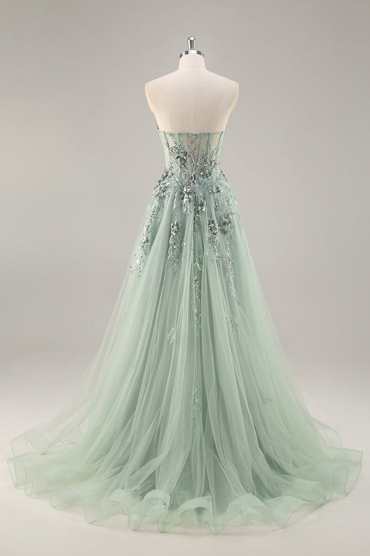 Robe longue de bal bustier en tulle vert étincelant avec corset et sequins, coupe trapèze et fente