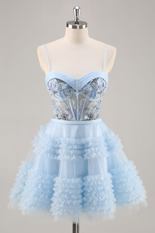 Glitter Dusty Blue Ball Gown Long Off-the-Shoulder Ruffled Quinceañera Dress