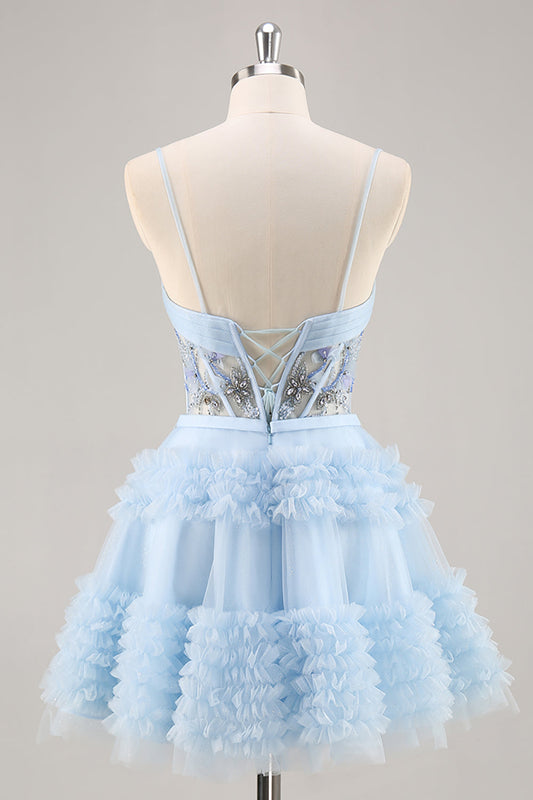 Glitter Dusty Blue Ball Gown Long Off-the-Shoulder Ruffled Quinceañera Dress