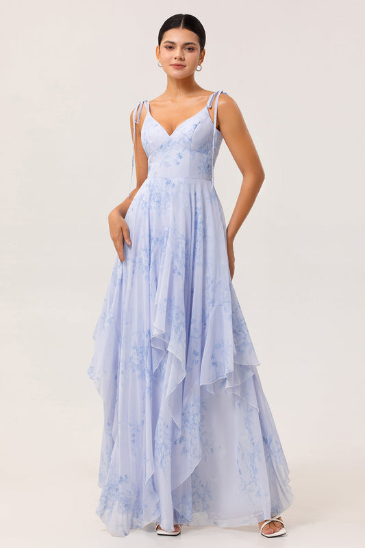 Robe longue de demoiselle d'honneur trapèze en mousseline bleue à fleurs avec volants