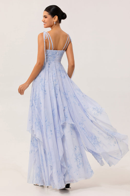 Robe longue de demoiselle d'honneur trapèze en mousseline bleue à fleurs avec volants