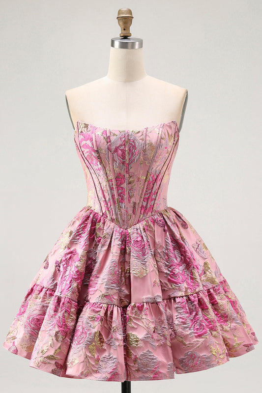 Robe Corset Cocktail Trapèze Imprimée Épaules Dénudées